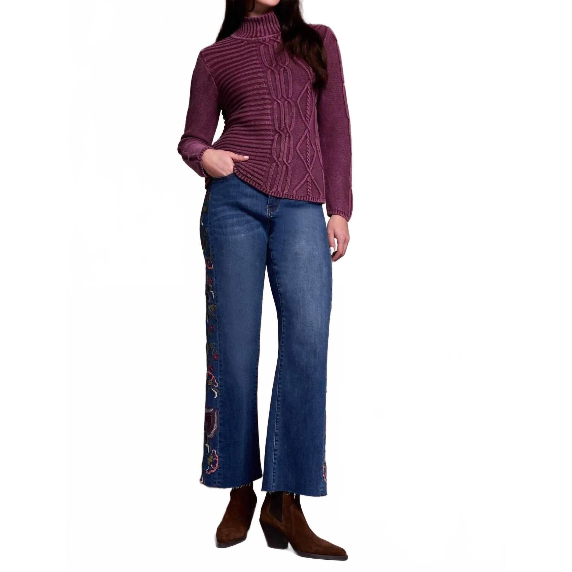 New Tribal Acid Wash Mock Neck Sweater In Passion Plum